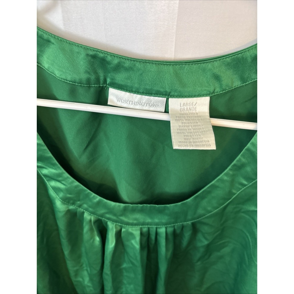 Vintage Y2K Worthington shiny blouse green Lantern sleeve Pleated Front LG - Picture 3 of 7